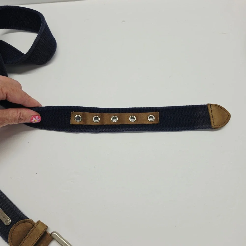 Fossil Utility Gear Mens Navy Blue Canvas Web Belt Leather Trim Size 38